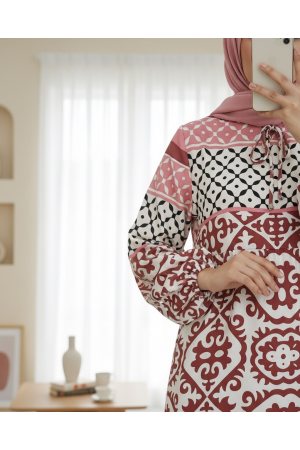 Geometric Pattern Lace-Up Elastic Sleeve Dress -Dried rose