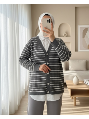 Taş Detaylı Düğmeli Triko Hırka -Füme