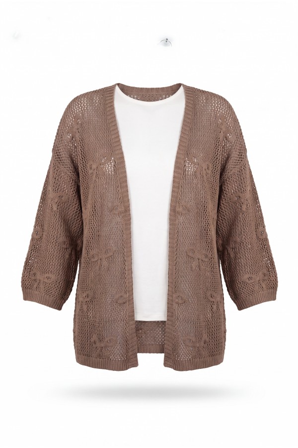 Bow Patterned Openwork Knit Cardigan  -Light coffee
