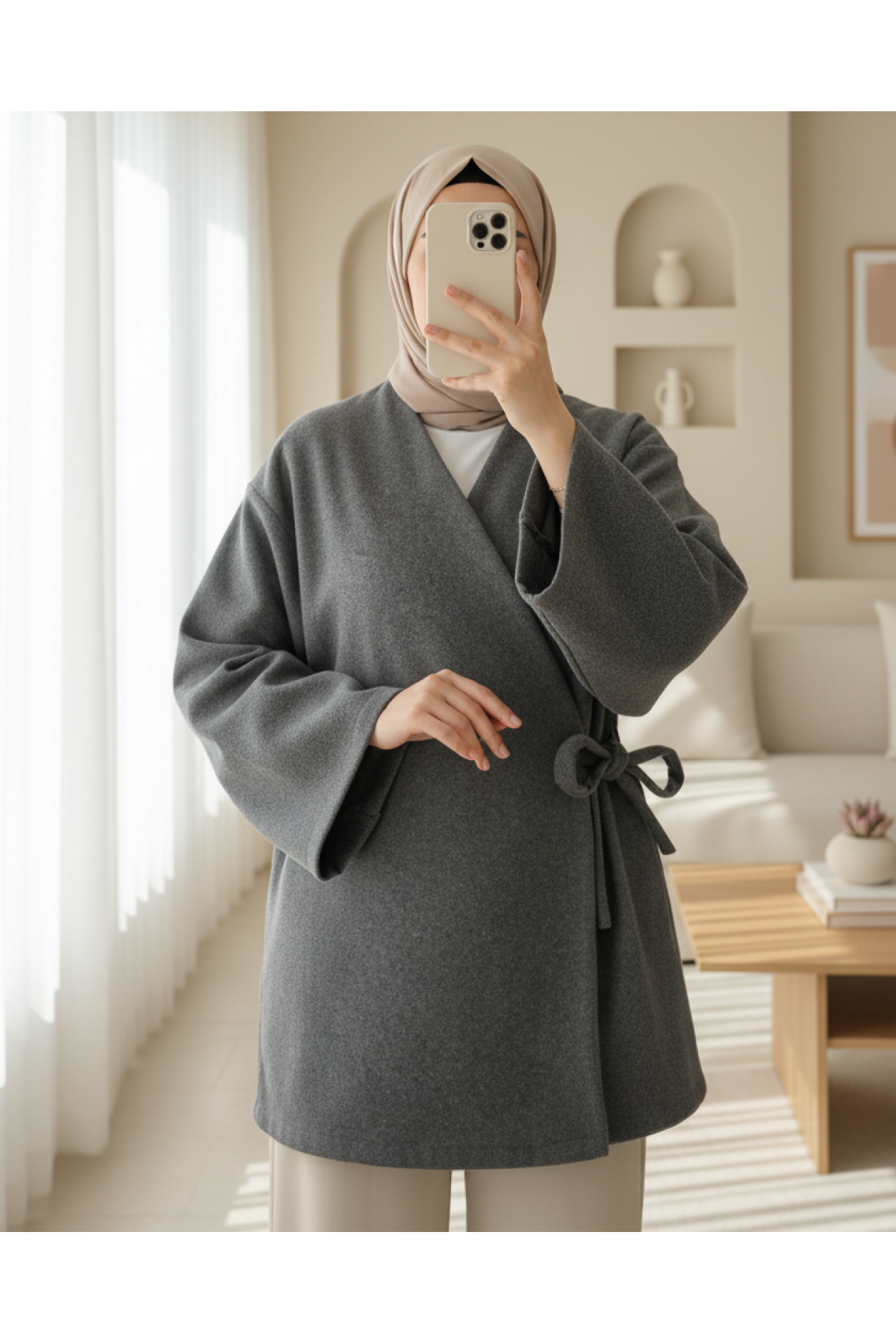 Çapraz Bağlamalı Kaşe Kimono -Füme