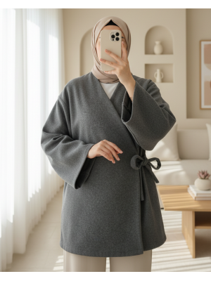 Çapraz Bağlamalı Kaşe Kimono -Füme