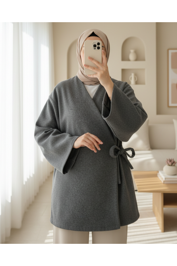 Çapraz Bağlamalı Kaşe Kimono -Füme