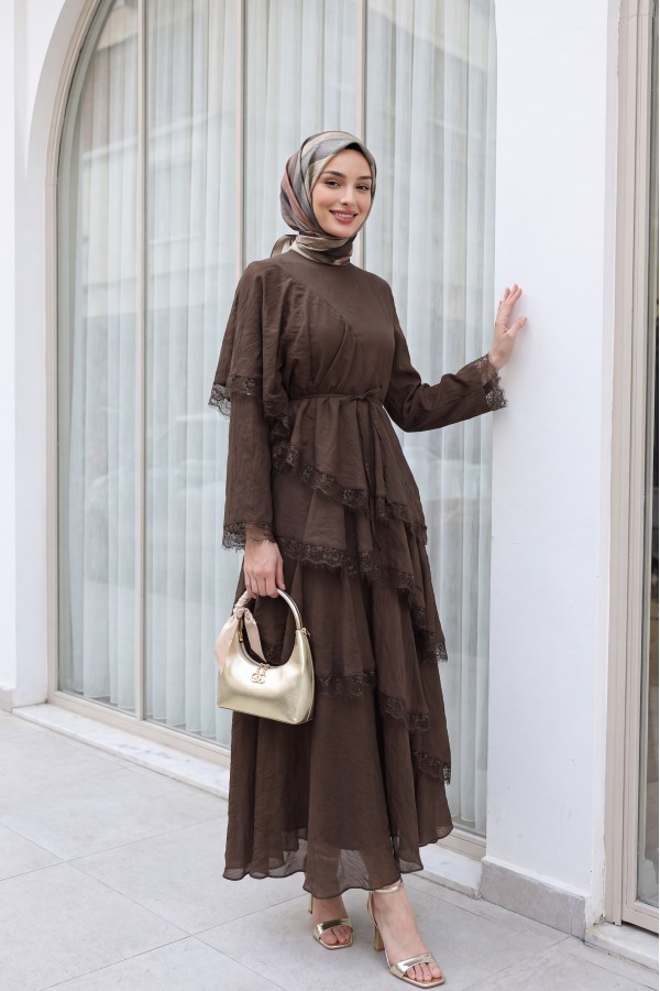 Lace-Detailed Layered Belted Lined Tulle Modal Dress -Brown