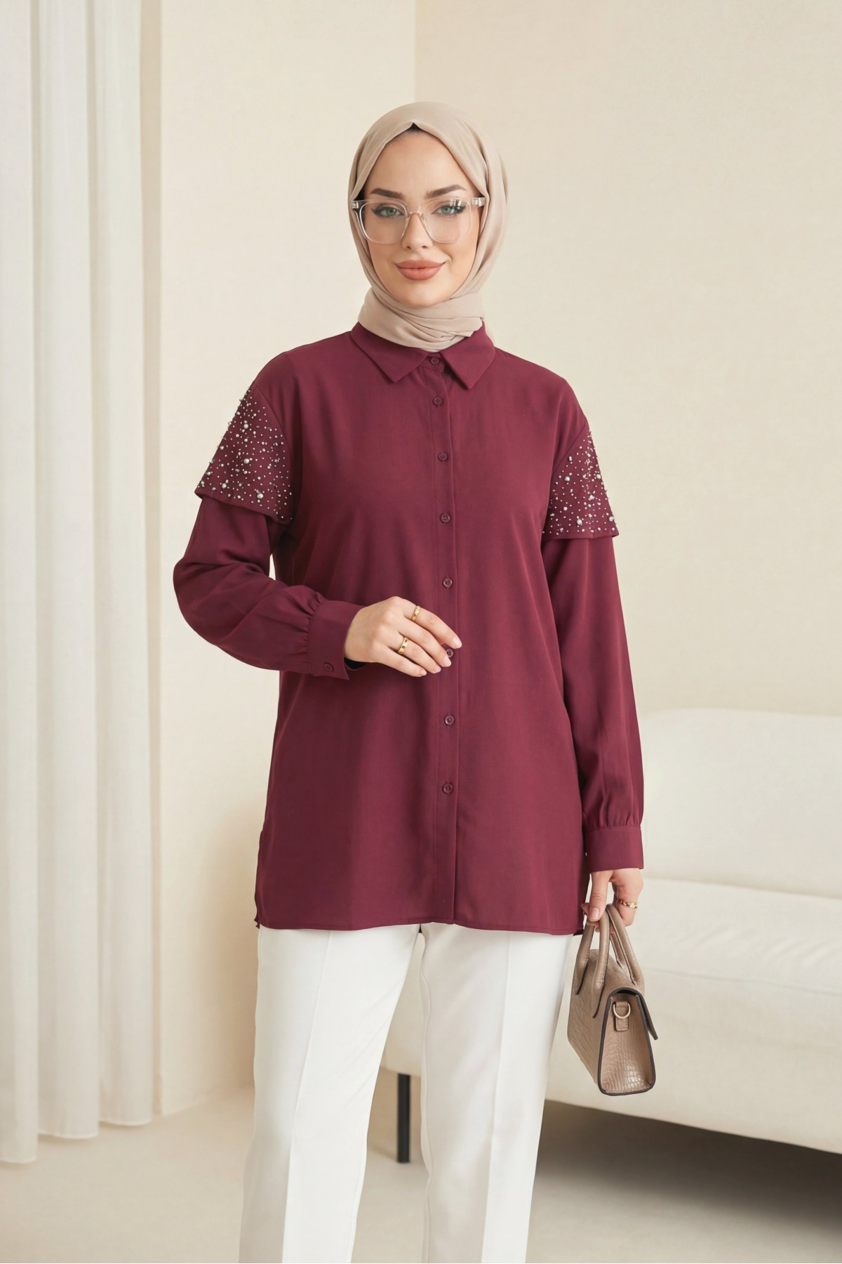 Cupra Shirt with Stone Detail on the Shoulder and Buttoned Slit -Maroon