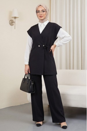 Düğme Detaylı Çift Bağcıklı Yelek Pantolon Double Krep Takım -Siyah