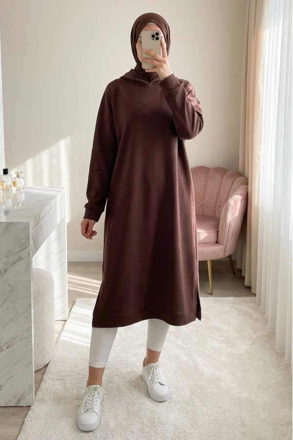 Atlas Kapşonlu Uzun Sade Basic Sweatshirt 