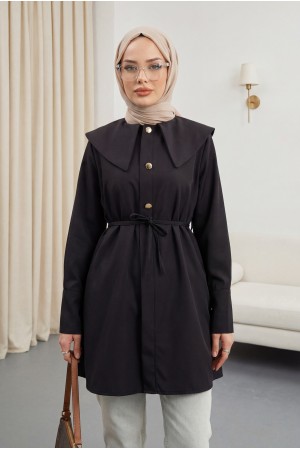 Geniş Yakalı Beli Bağlamalı Bonding Kap -Siyah
