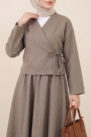 Önü Bağcıklı Yün Efekt Kışlık Takım -Toprak