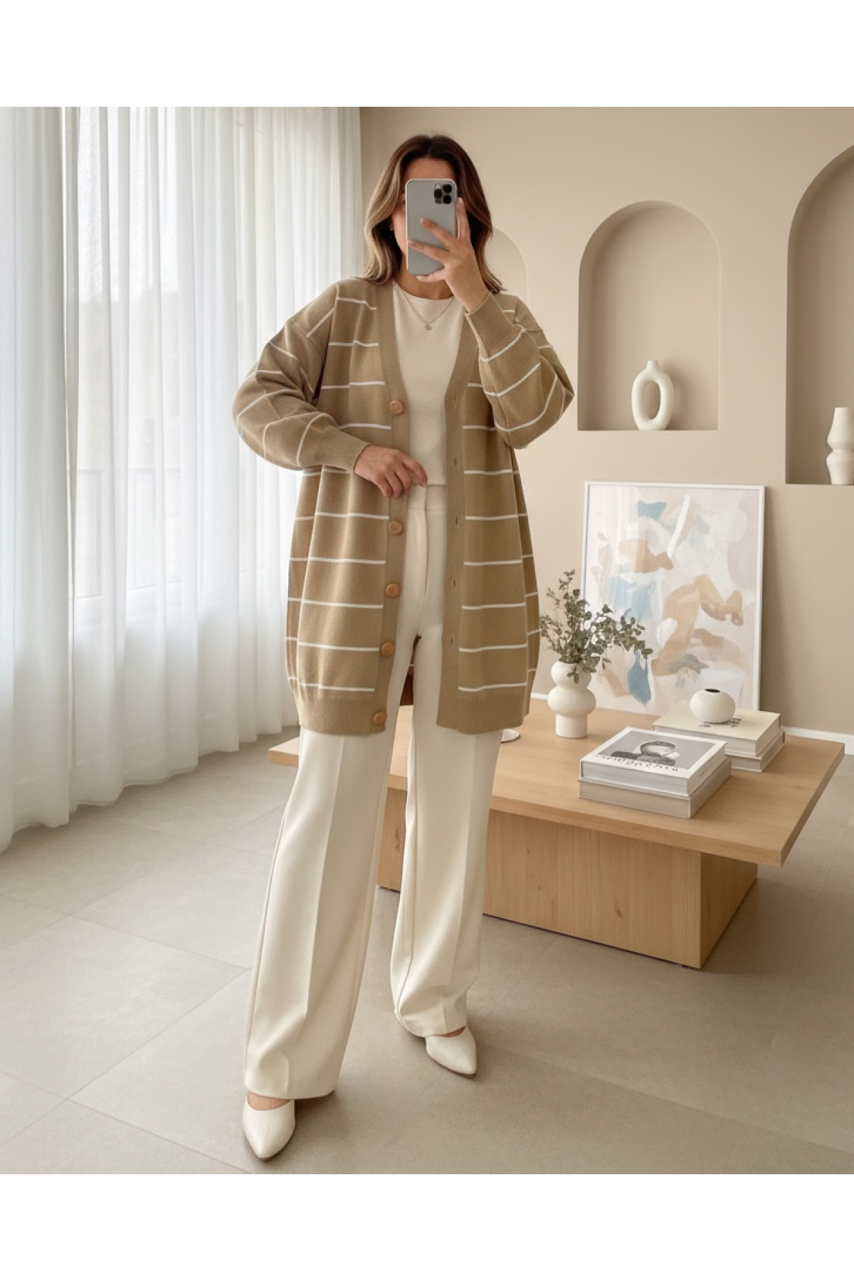Buttoned Long Knitwear Cardigan -Mink color