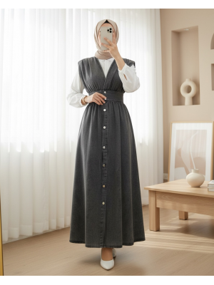 Buttoned V Neck Zero Sleeve Denim Vest  -Smoked 