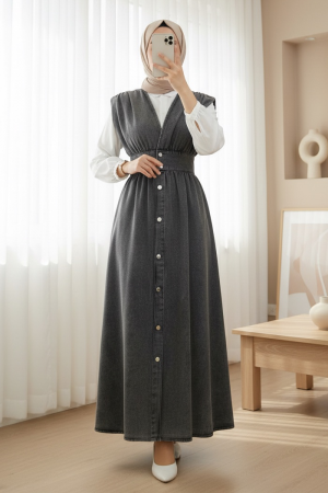 Boydan Düğmeli V Yaka Sıfır Kol Kot Jile  -Füme