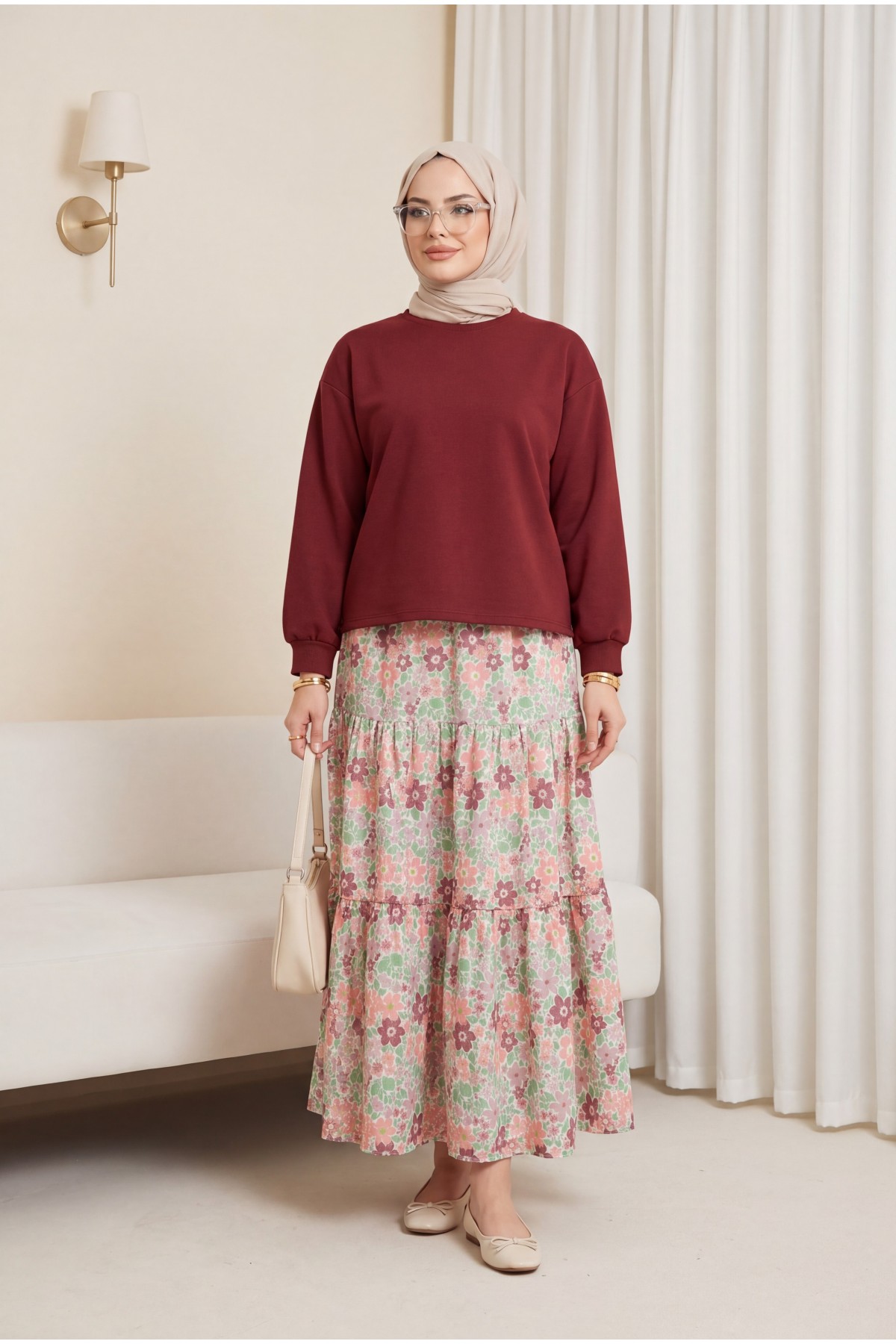 Floral Patterned Belted Two Piece Suit -Maroon
