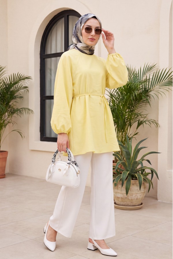 Round Neck Tied Waist Balloon Sleeve Tunic  -Light yellow