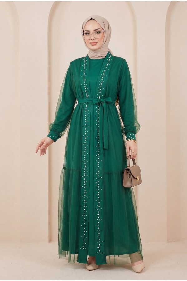 Önü Taş Ve İnci Detaylı Beli Bağcıklı İkili Abaya -Yeşil