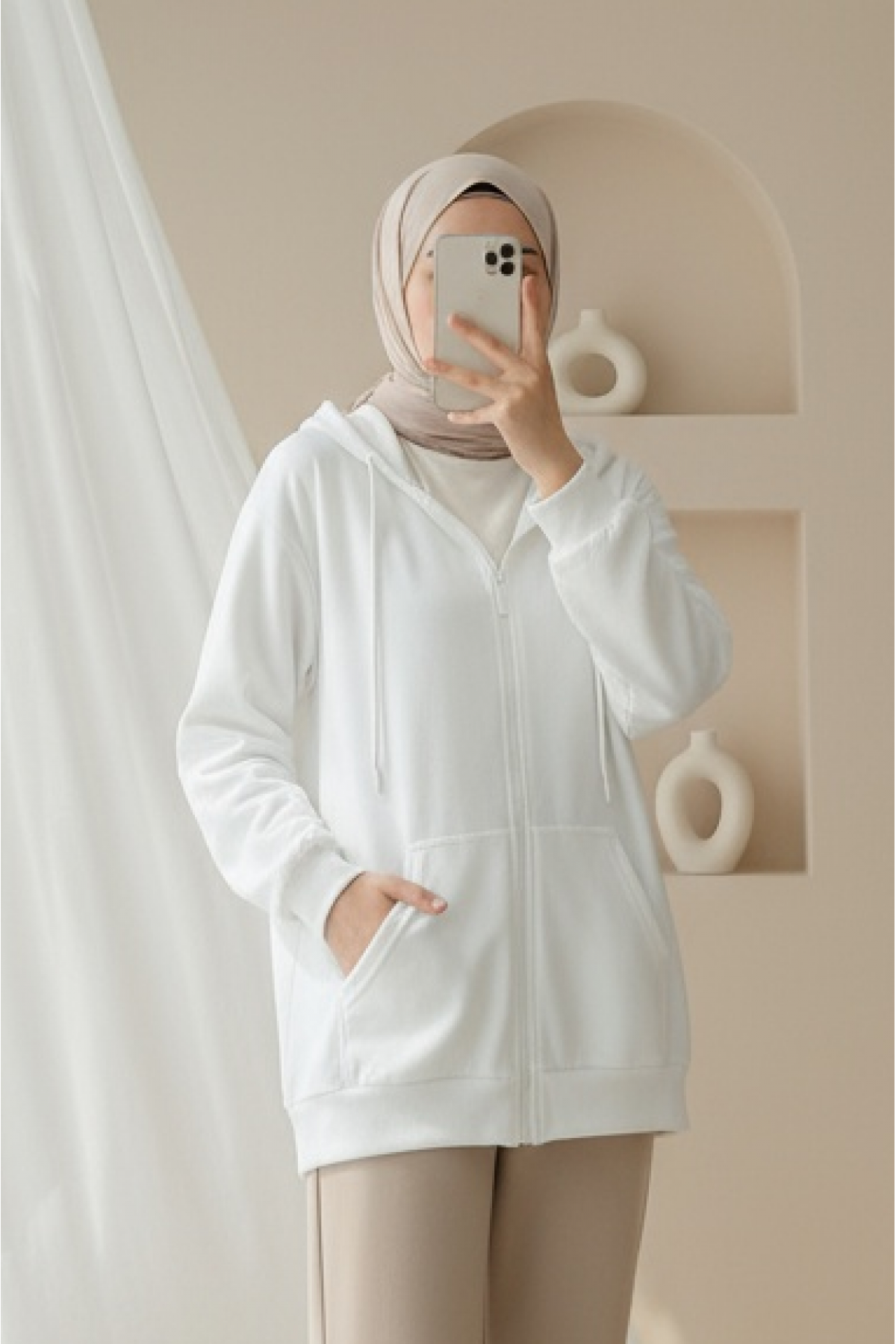 Hooded Zippered Pocketed Combed Cotton Sweater  -White
