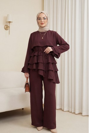 Asymmetrical Layered Detail Lace-Up Trousers Lined Cupra Set -Maroon