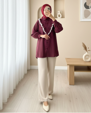 Buttoned Front Laced Ruffle Striped Shirt -Maroon