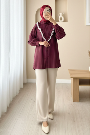 Buttoned Front Laced Ruffle Striped Shirt -Maroon