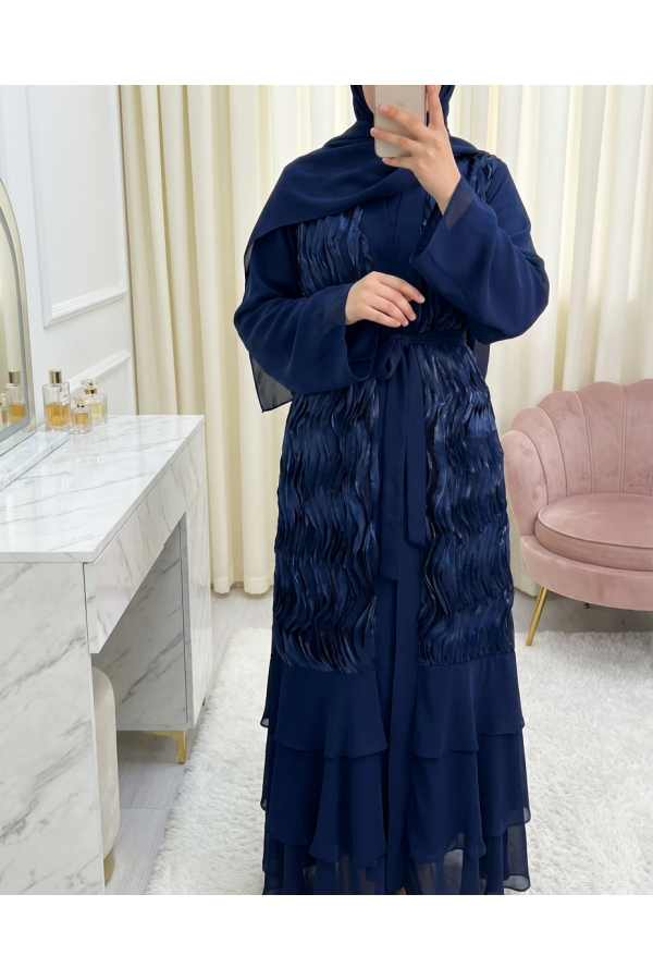 Two-piece abaya set with tulle detail at the front and a belted skirt. -Navy blue