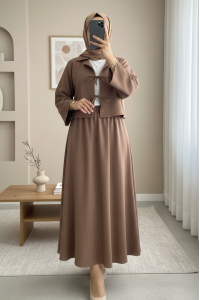 Önü Bağlamalı Etekli Krinkıl Takım  -Kahve