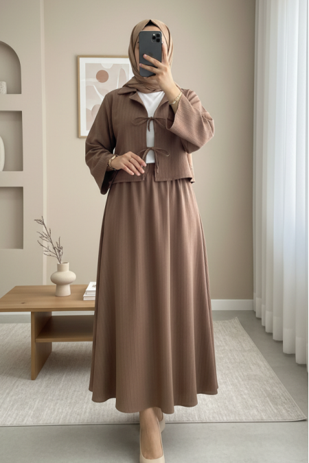 Önü Bağlamalı Etekli Krinkıl Takım  -Kahve