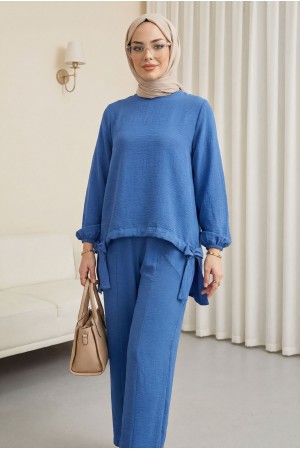 Önden Büzmeli Şalvar Pantolon Ayrobin Salaş Takım -İndigo