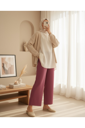 Beli Lastikli Bağcık Detaylı Ayrobin Pantolon -Mürdüm