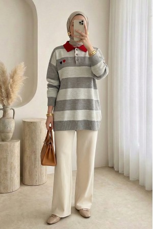 Gömlek Yaka Düğmeli Kalp Nakışlı Triko Tunik -Toprak