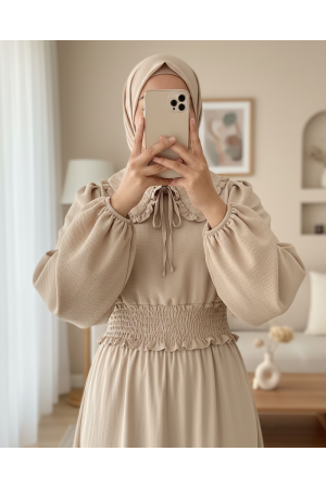 Baby Collar Long Sleeve Blouse with Elastic Waist   - Beige