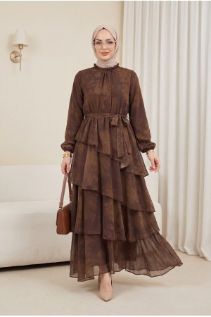 Yoryo Patterned Layered Skirt, Tie-Waist, Lined Chiffon Dress -Brown