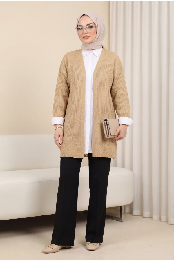 Openwork Cardigan with Patterned Skirt -Mink color