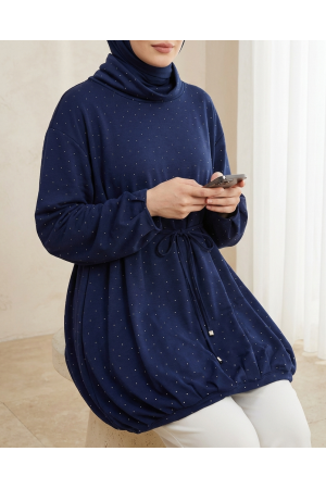 سويت شيرت من أويشو مع تنورة مرنة وخصر مربوط وياقة مدورة نصفية -كحلي