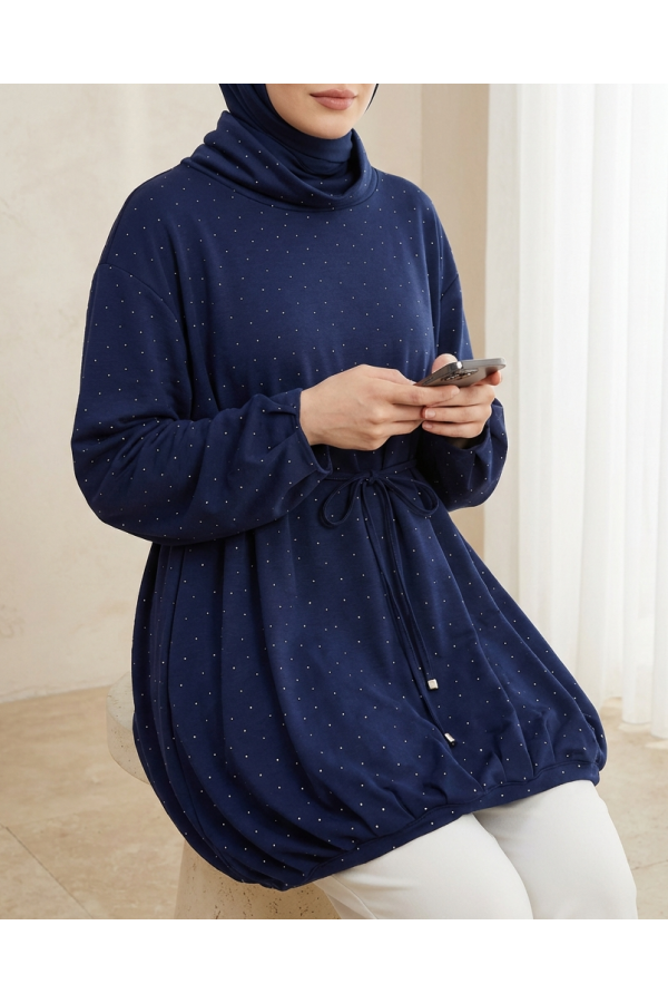 Oysho Sweat with Elastic Skirt and Tied Waist and Half Turtleneck -Navy blue