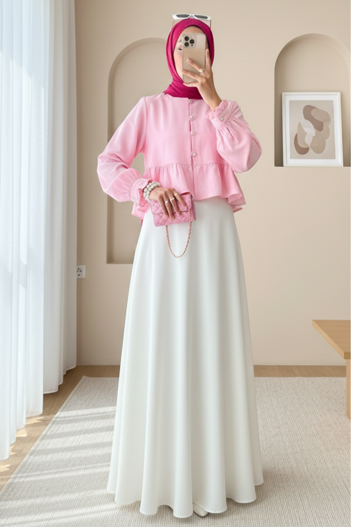 Modal Fabric Shirt with Ruffled Skirt and Sleeves and Stoned Buttons  -Pink