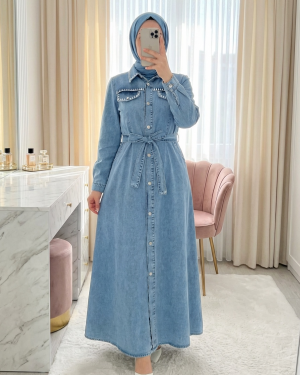 Half-buttoned, elasticated waist, pocketed, embroidered denim dress. -Ice Blue