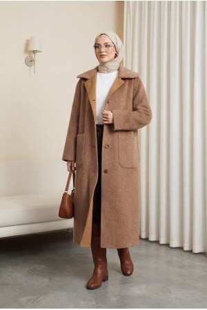 Boydan Düğmeli Cepli Kaban    -Taba