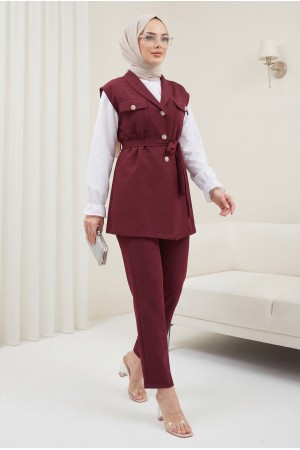 Sıfır Kol Önü Düğmeli Beli Kemerli Üçlü Takım  -Bordo