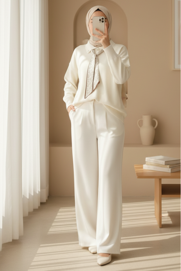 Polo Neck Scarf and Slit Loose Knit Tunic -Cream color