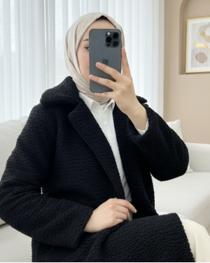 Buttoned Lined Front Pocket Plush Coat  -Black