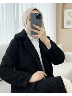 Düğmeli Astarlı Önden Cepli Peluş Kaban  -Siyah