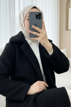 Düğmeli Astarlı Önden Cepli Peluş Kaban  -Siyah