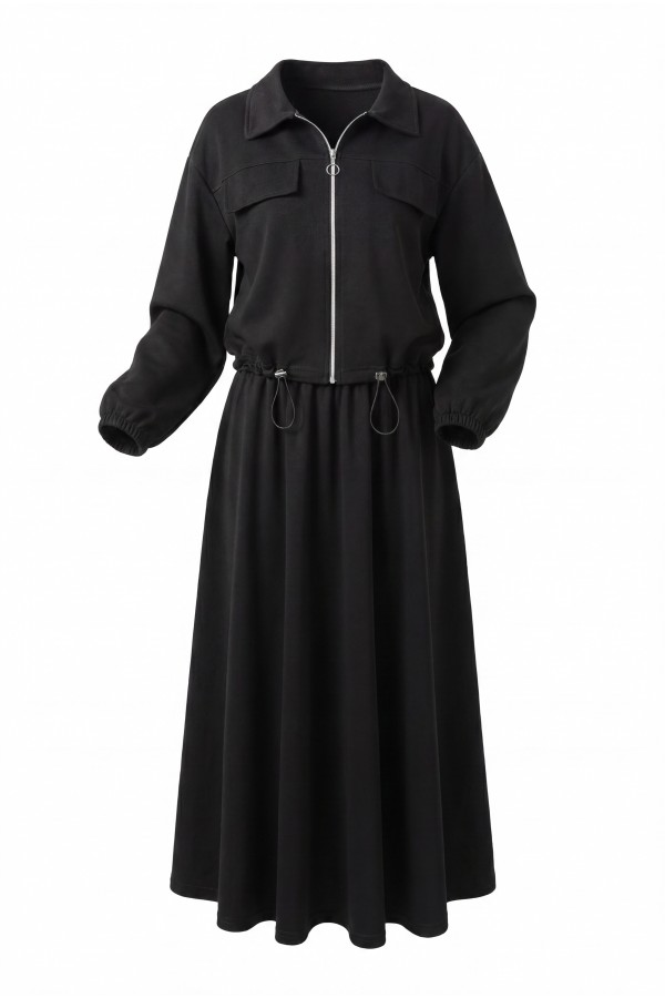 Oysho Set with Zipper, Elastic Waist, Shirt Collar, and Flap Pockets -Dark Coffee