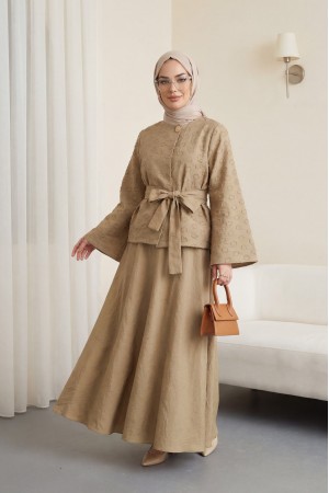 Tek Düğmeli Kemerli Kloş Etekli Nilsa Takım -Vizon