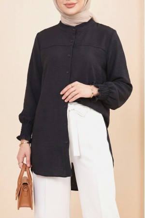 Sleeve Cuff Draped Oval Cut Shirt -Black
