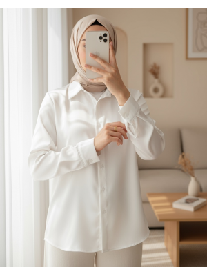 3964 Hafif Dökümlü Saten Gömlek - Beyaz