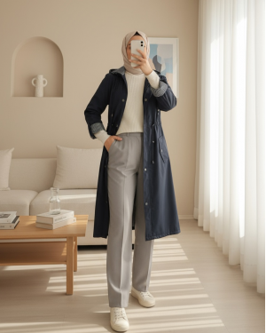 Striped Trench Coat -Navy blue