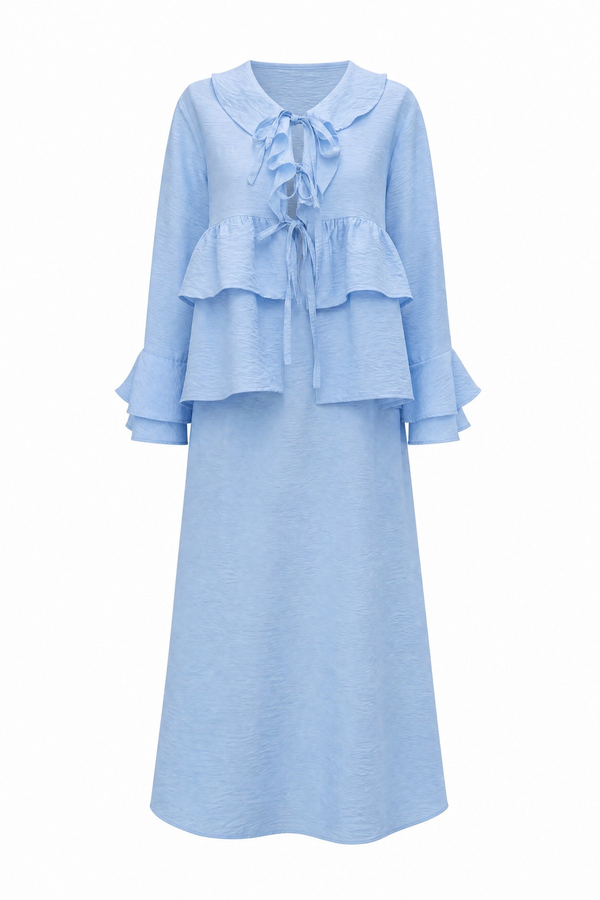 Cupra Kimono Set with Front Tie, Ruffles, Spanish Sleeves and Skirt -Baby Blue detay görseli