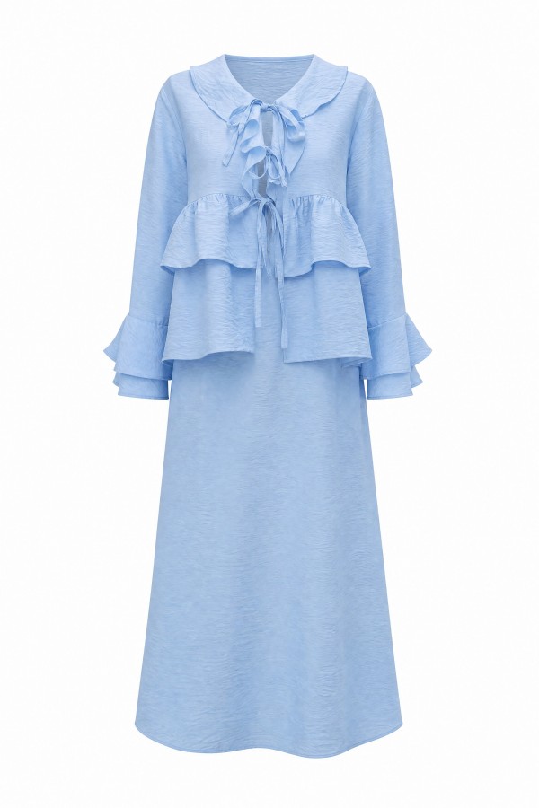 Cupra Kimono Set with Front Tie, Ruffles, Spanish Sleeves and Skirt -Baby Blue
