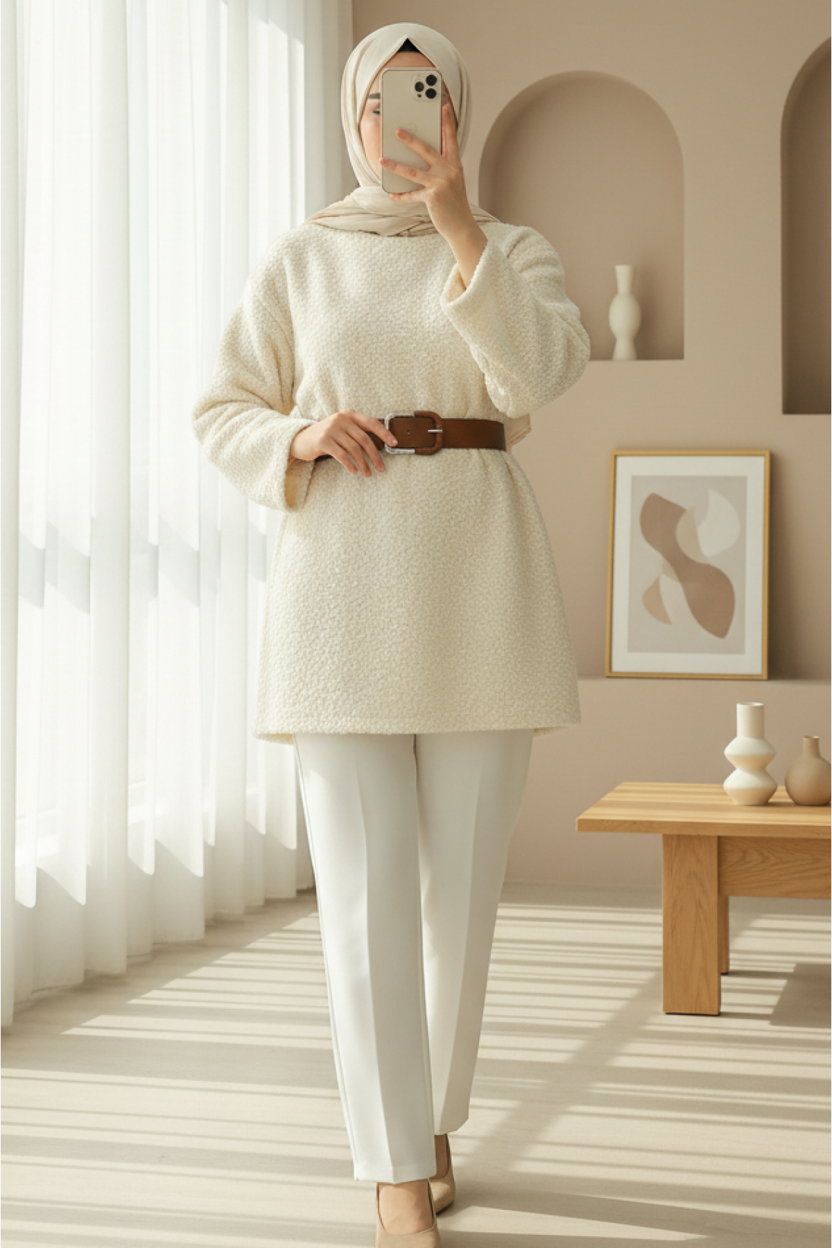 Thick  Belted Boucle Sweater -Ecru