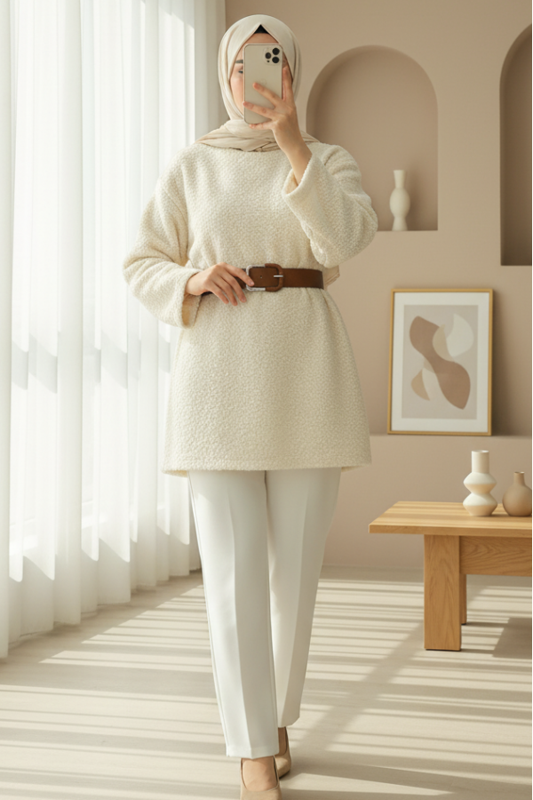Thick  Belted Boucle Sweater -Ecru